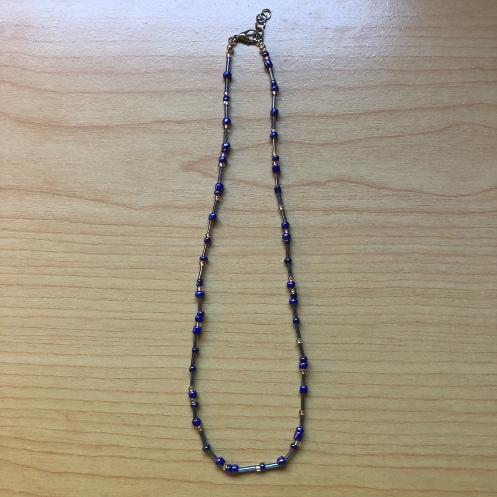 NWT Handmade Metallic Blue and Clear Glass Seed Bead Necklace